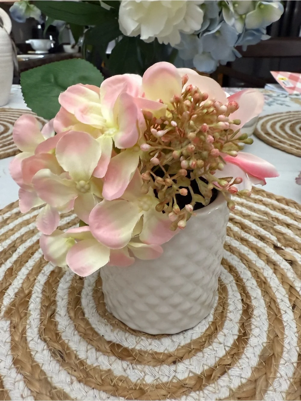 White Ceramic Vase with Pink Cream Artificial Hydrangea - Home Accents